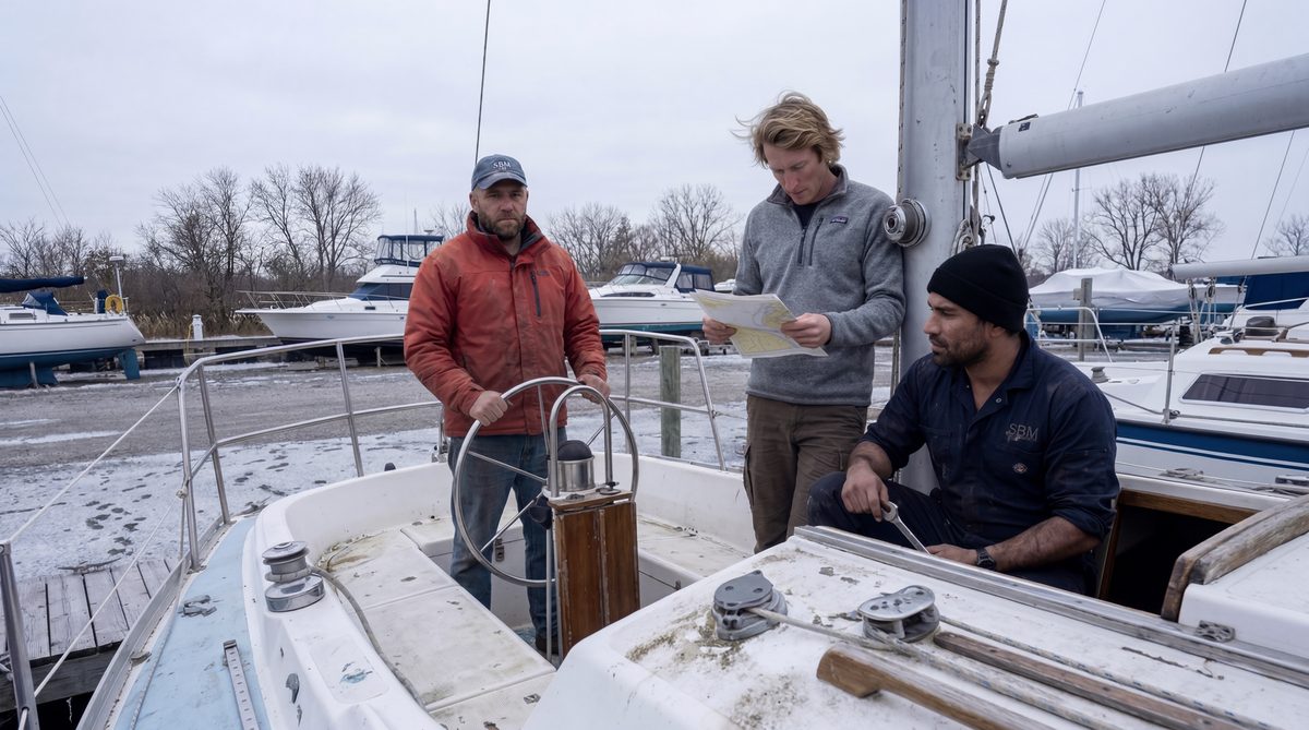 Sam, Ben and Mark — the SBM Offshore Adventures crew, restoring a 1981 CS 33 named Persistence on Lake Ontario