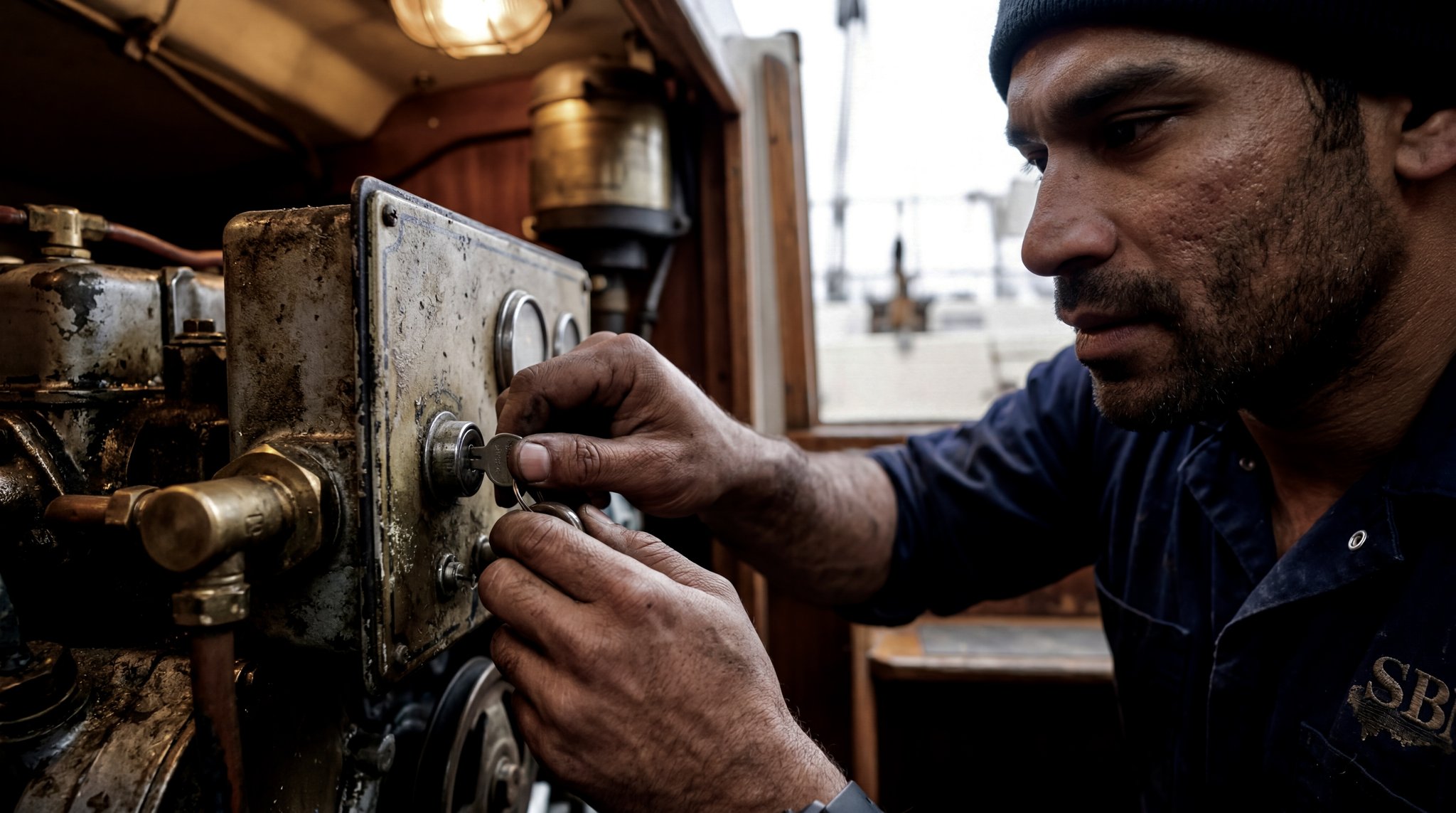 Max inspecting the Yanmar engine